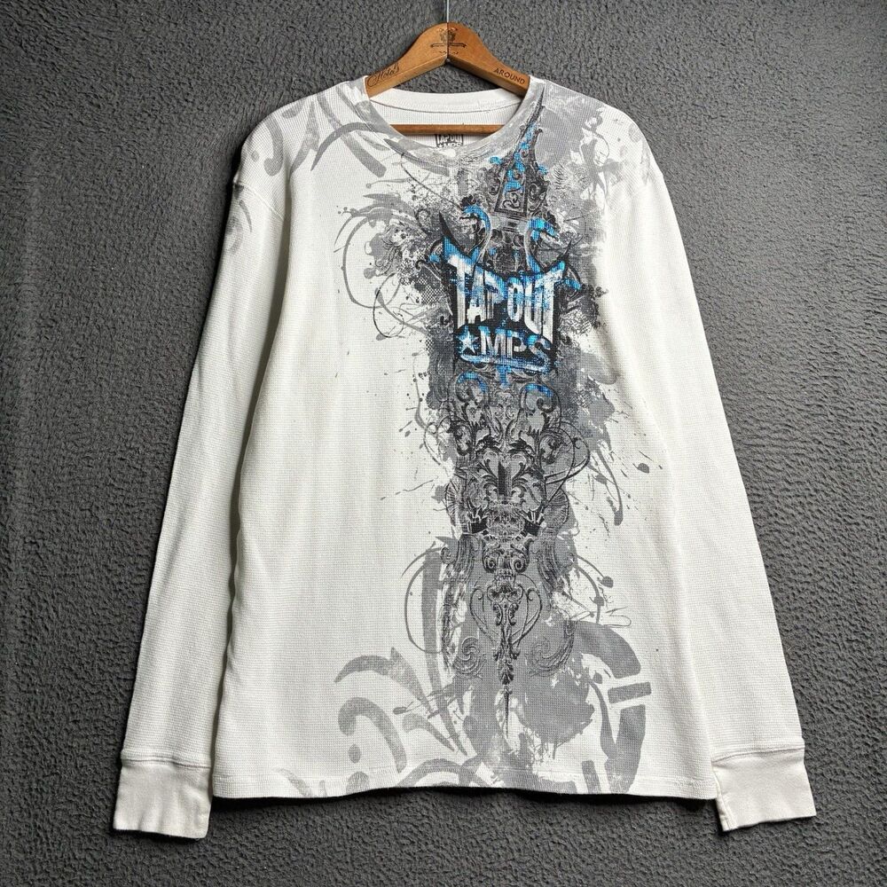 Vintage Y2K MMA Tap Out Long Sleeve Shirt XL Grunge Skull Tee Waffle Knit Cyber